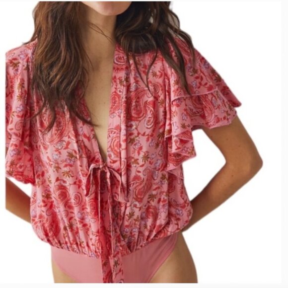 Free People Call Me Later pink floral ruffle sleeve bodysuit - Picture 1 of 7